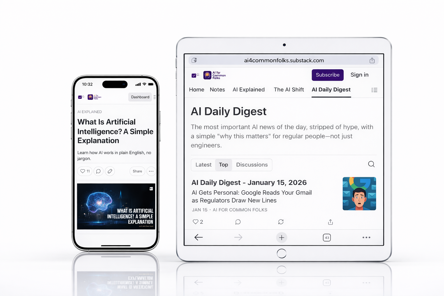 The AI for Common Folks newsletter on a phone and tablet, showing an AI Explained article and the newsletter on Substack.