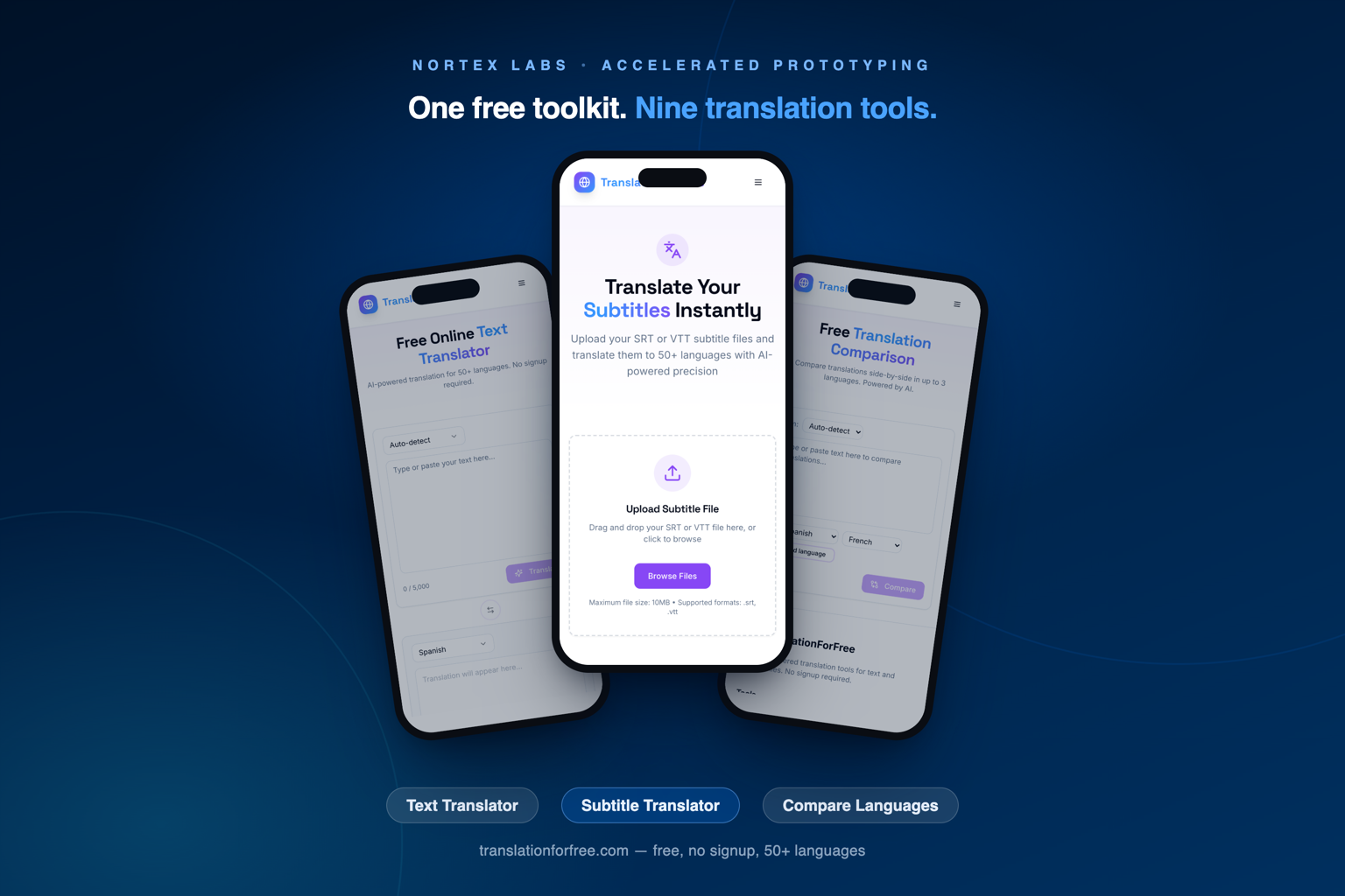 Three phones showing TranslationForFree tools — text translation, subtitle translation, and language comparison — a NorTex Labs project.