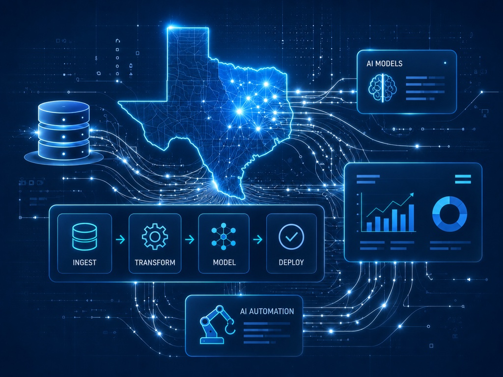 North Texas-shaped circuit diagram with data pipeline, AI dashboards, and automation icons illustrating NorTex AI Experts' work.